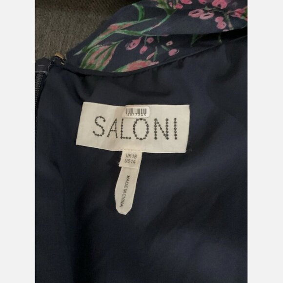 Saloni Vida Dress Silk Short-Sleeve Midi Ruffled Blue Floral Print Size 14 - Picture 3 of 6